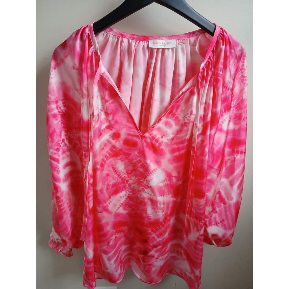 Ramy Brook Tie Dye Long Sleeve Blouse Pink White‎ V Neck